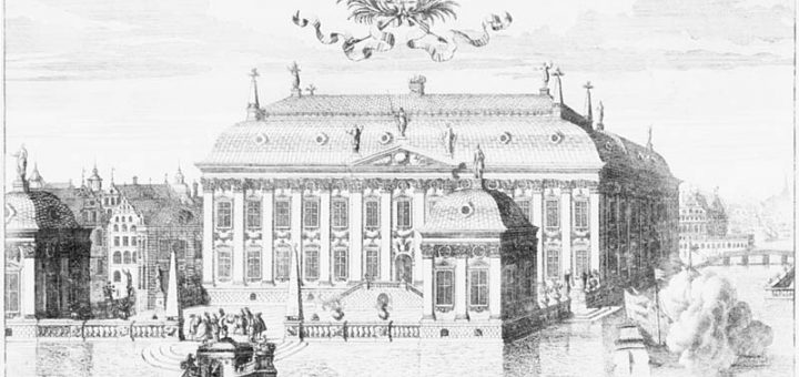 Plan för riddarhuset från sjösidan på 1600-talet. Etsning av Johannes van den Aveelen.