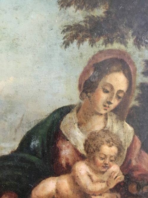 Detalj av den antika målningen, Den heliga familjen med Johannes Döparen.