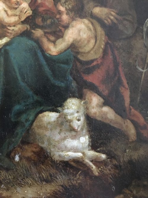Detalj av den antika målningen, Den heliga familjen med Johannes Döparen.