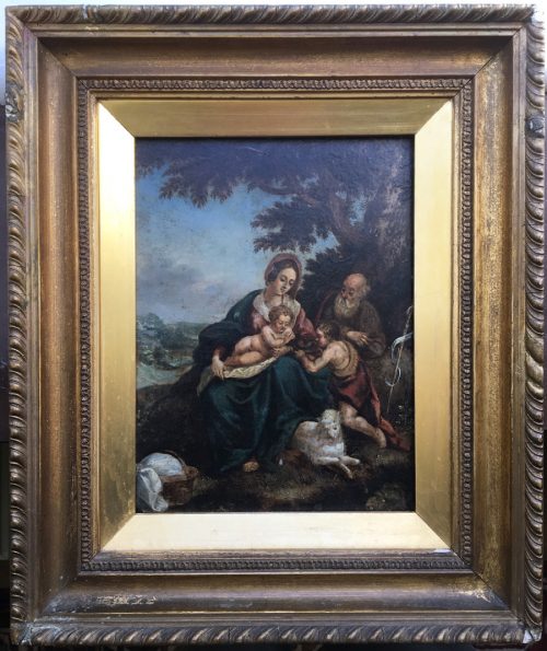 Målningen, Den heliga familjen med Johannes Döparen, i ram.
